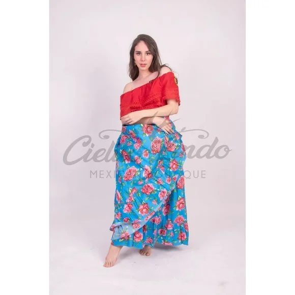 Mexican Folklorico Practice Skirt Floral Turquoise - Picture 5 of 6